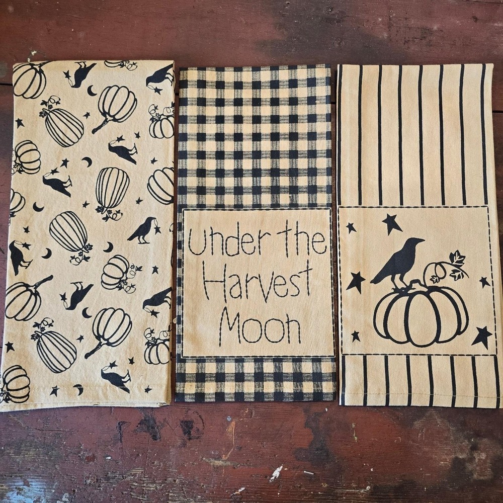 VHC‎ Brands Primitive Harvest Moon Kitchen Towel Set 3pc Black Tan NEW
